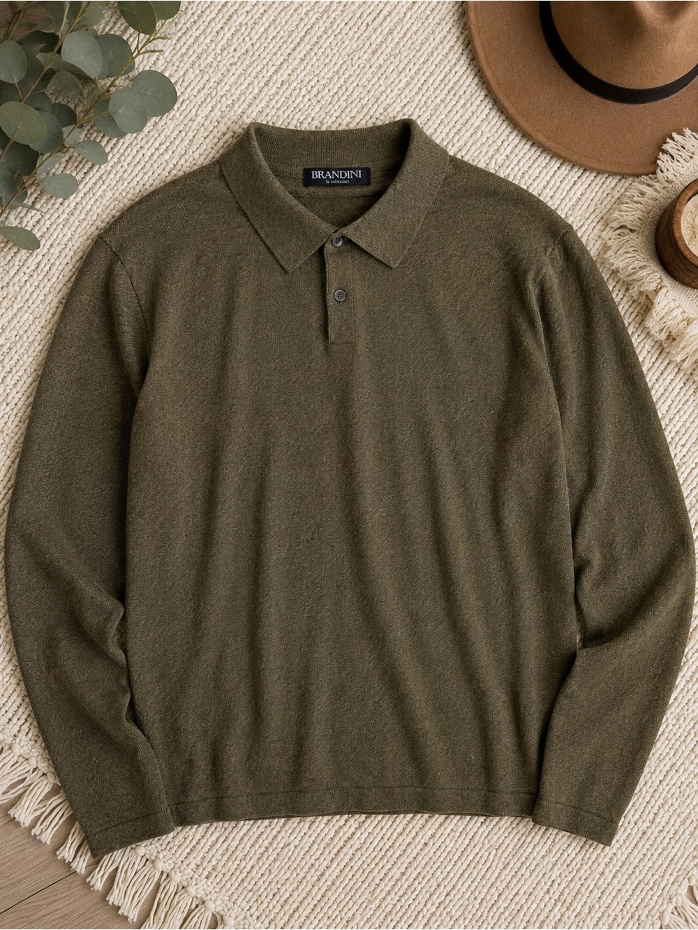 Vintage 90s Brandini Men’s Olive Long-Sleeve Polo Sweater XXL